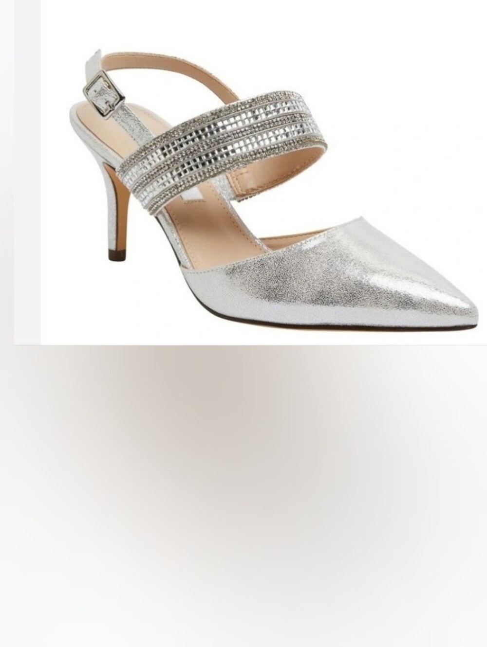 Nina  Silver Stardust Slingback Pumps Mid Heel Crystal Embellished Strap Formal